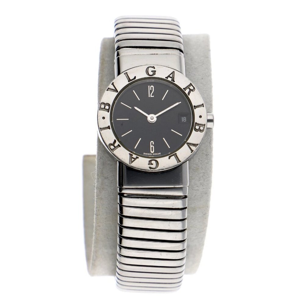 Bulgari Stainless Steel Black Dial Tubogas Bracelet Watch